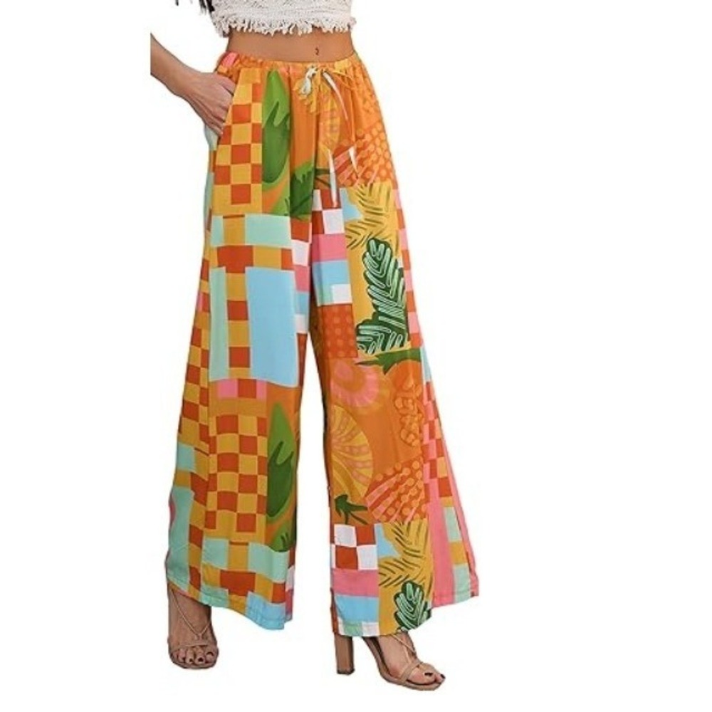 Coco Carmen Women's Orange Abstract Wide Leg Drawstring Pant Size S/M NWT